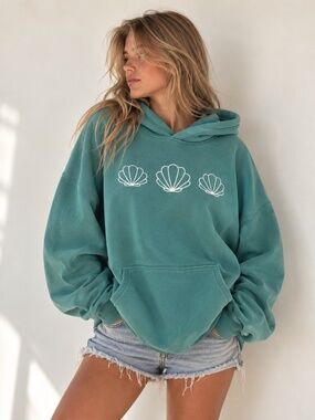 Teal Crewneck Hoodie with Shell Graphic